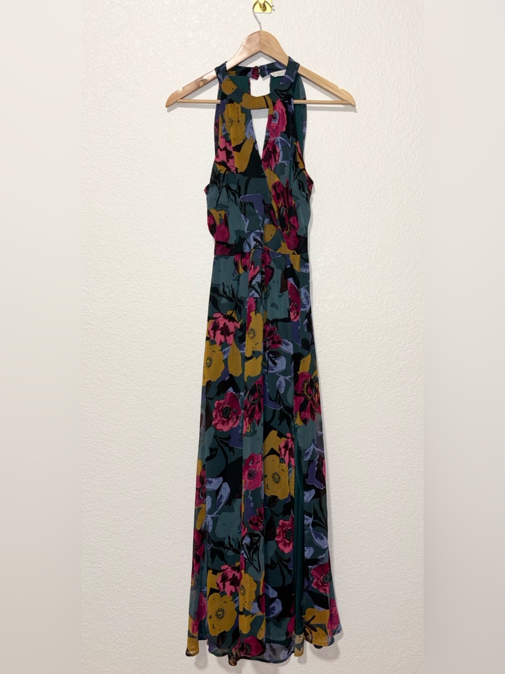 LUSH Teal Floral Halter Maxi Dress M Open Back Boho 90s Y2K